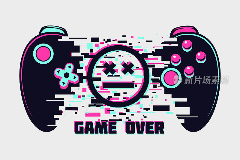 Video game gamepad with glitch effect. Cyberpunk style illustration. Virtual reality concept. Cyber sport online tournament. Vector illustration.